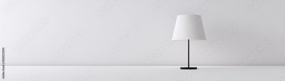 Modern minimalism: a sleek white lamp illuminating a pristine white table in a stylish interior Modern minimalism: a sleek white lamp illuminating a pristine white table in a stylish interior