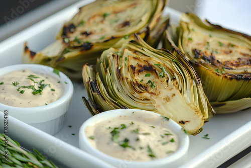 Grilled artichoke halves served with a lemongarlic aioli dipping sauce, grilled artichokes, gourmet appetizer. photo