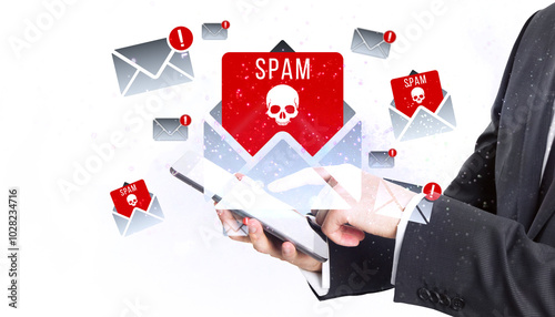 Cuadro en lienzo Businessman receiving spam emails on tablet, white background