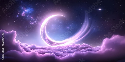 A beautiful galaxy and moon background featuring swirling cosmic clouds, glowing stars, and a bright moon.