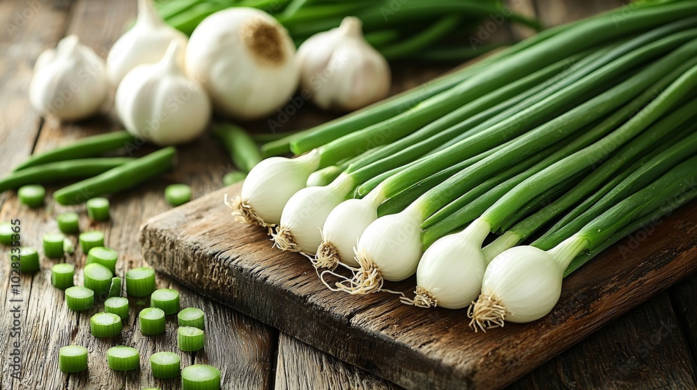Spring green onions salad onions green onions or scallions on wooden board with garlic and green beans on a wooden background : Generative AI Spring green onions salad onions green onions or scallions on wooden board with garlic and green beans on a wooden background : Generative AI