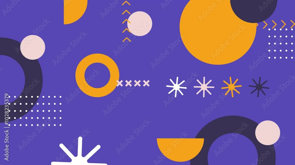 Abstract geometric shapes on vibrant purple background motion video background seamless 4k pop art design