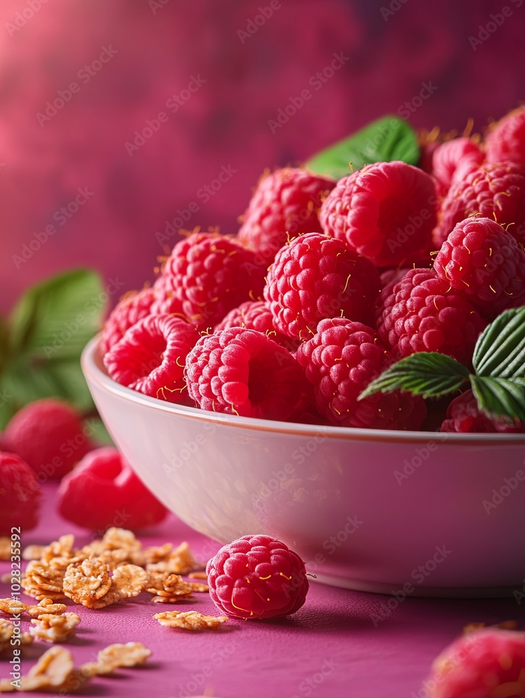 Fresh raspberries in a bowl with granola on a vibrant backdrop Fresh raspberries in a bowl with granola on a vibrant backdrop