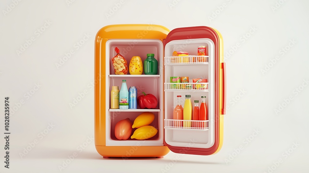 Open Orange Refrigerator with Food and Drinks Kitchen Appliance Home Interior 3D Illus Open Orange Refrigerator with Food and Drinks Kitchen Appliance Home Interior 3D Illus