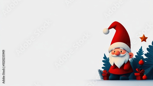 Festive Santa Claus sitting among decorated trees, white isolated background.