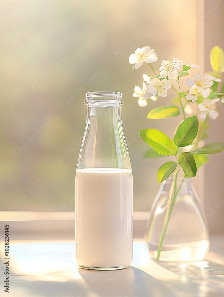 Fresh milk and delicate flowers by a sunlit window Fresh milk and delicate flowers by a sunlit window