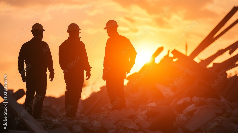 Silhouettes of workers at a construction site during a sunset.