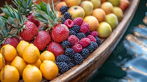 Wallpaper Mural Tropical fruits assortment in wooden boat Outdoor tropical background Close up : Generative AI Torontodigital.ca