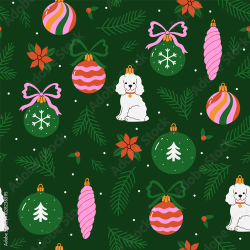 Christmas seamless pattern with glass Christmas tree toys. Vector graphics.