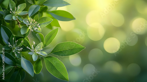 Green Leaves and White Flowers in Sunlight.