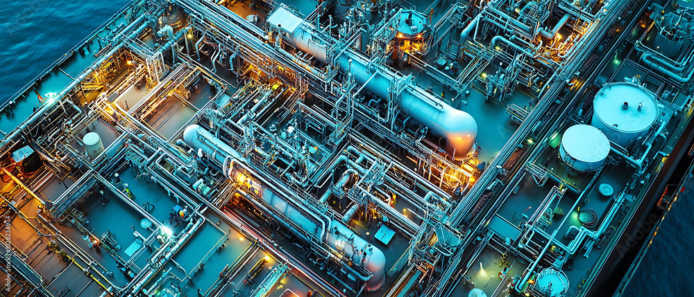 Fototapeta premium Aerial view of an industrial complex with intricate network of pipes, tanks, and machinery.