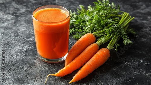 Carrot juice in glass and fresh carrots Healthy food on a grey stone background : Generative AI