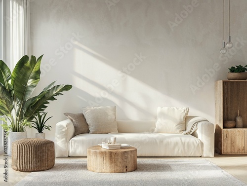 A minimalist living room featuring a white sofa, a round wooden coffee table, and a potted plant against a textured wall. Soft natural light casts shadows, creating a calm and inviting atmosphere.