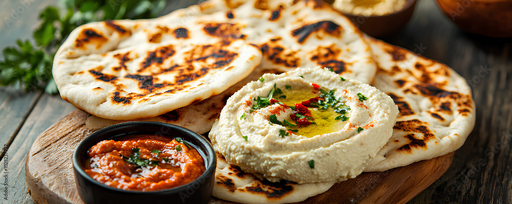 Grilled pita bread served with a variety of dips, including hummus and baba ganoush, grilled pita, Mediterranean appetizer Grilled pita bread served with a variety of dips, including hummus and baba ganoush, grilled pita, Mediterranean appetizer