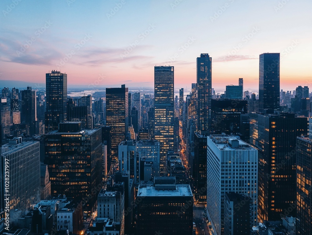 City skyline at dusk with tall skyscrapers and glowing lights, set against a soft pastel sky, creating a vibrant urban landscape transitioning from day to night in a bustling metropolitan area. City skyline at dusk with tall skyscrapers and glowing lights, set against a soft pastel sky, creating a vibrant urban landscape transitioning from day to night in a bustling metropolitan area.