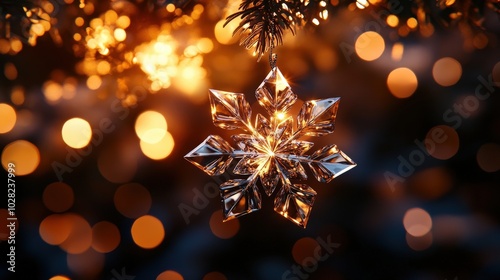 Ornate snowflake ornament hanging with golden bokeh lights in background.
