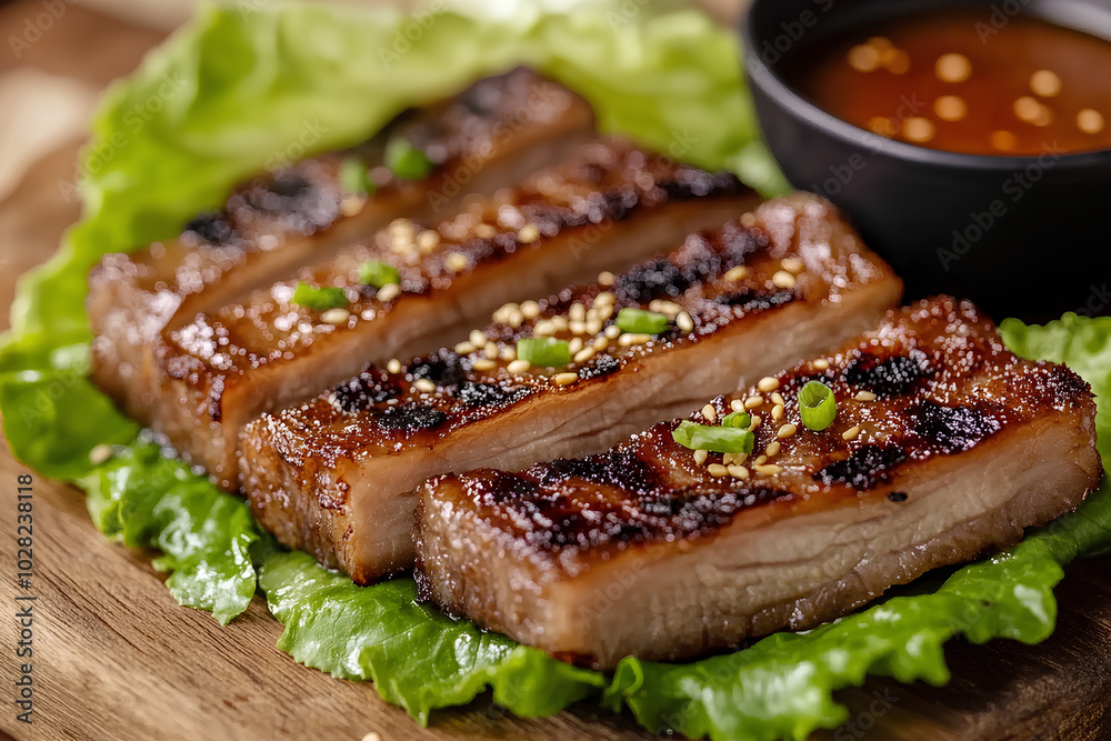Grilled pork belly slices served with lettuce wraps and spicy dipping sauce, grilled pork belly, Korean barbecue Grilled pork belly slices served with lettuce wraps and spicy dipping sauce, grilled pork belly, Korean barbecue