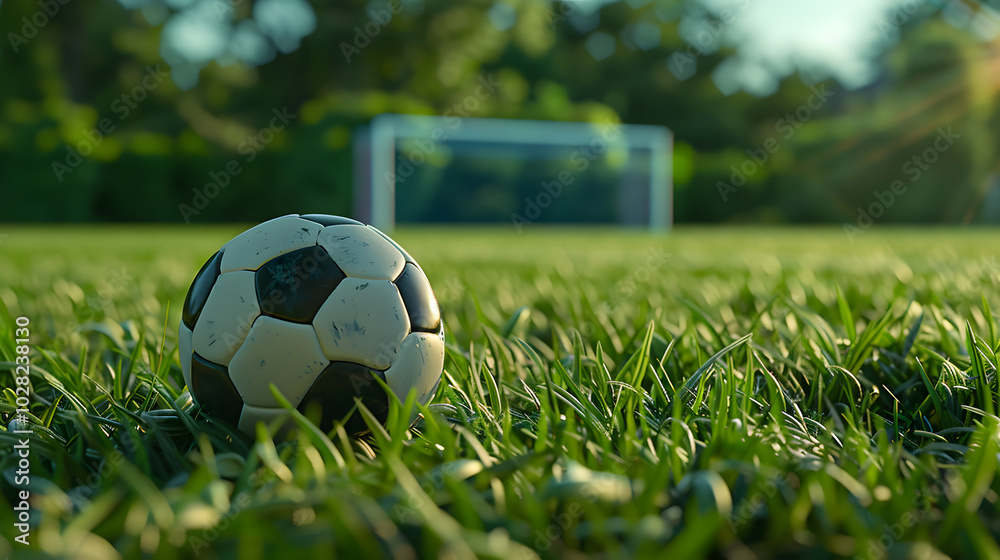 Obraz premium Low Angle Real Image of Soccer Ball on Lush Green Field with Goalposts in Background.