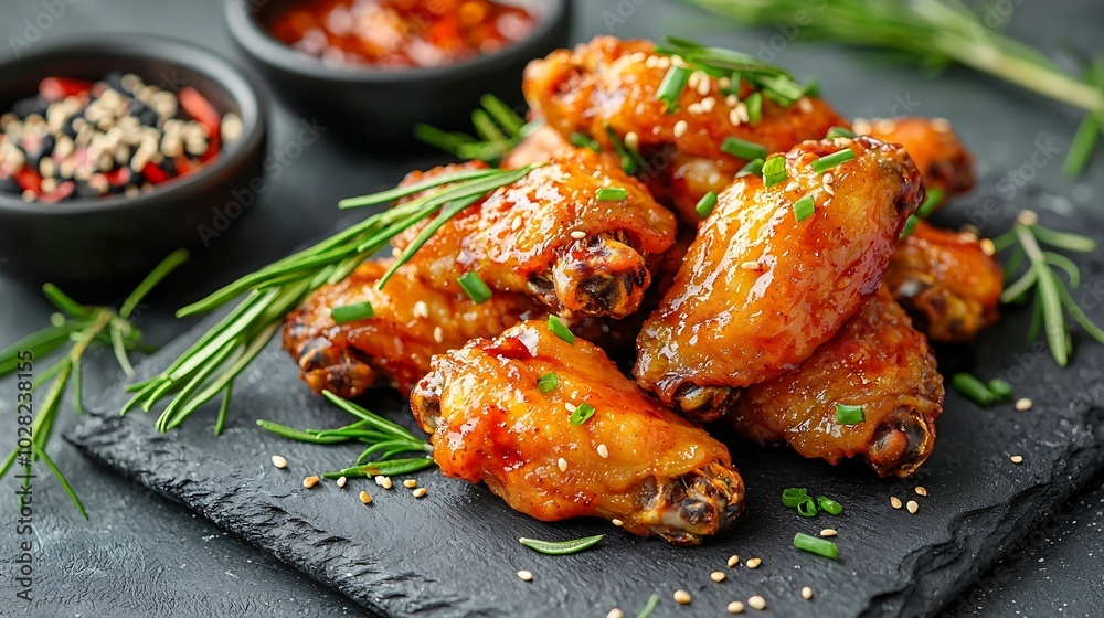 Chicken wings Traditional asian recipe Grey background Close up : Generative AI Chicken wings Traditional asian recipe Grey background Close up : Generative AI
