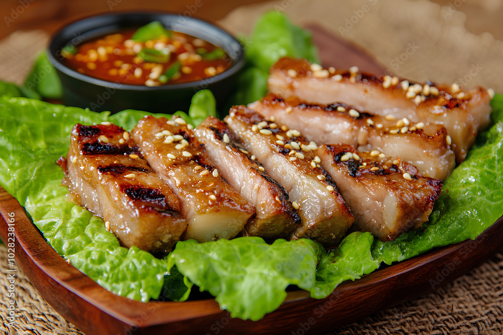 Grilled pork belly slices served with lettuce wraps and spicy dipping sauce, grilled pork belly, Korean barbecue Grilled pork belly slices served with lettuce wraps and spicy dipping sauce, grilled pork belly, Korean barbecue