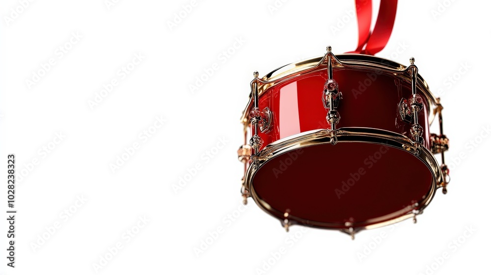 Red drum ornament with a ribbon on a white isolated background.