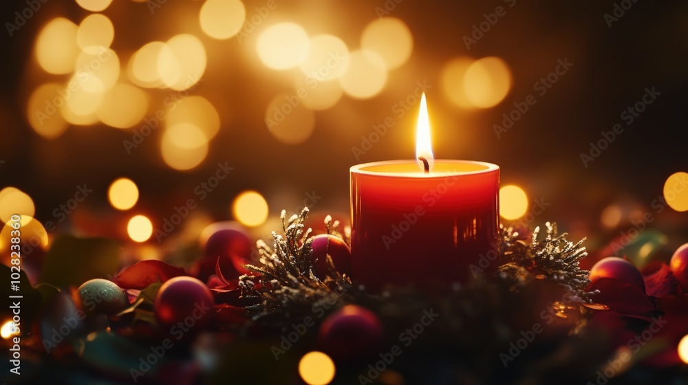 Red candle with warm glow surrounded by festive decorations, soft bokeh background.