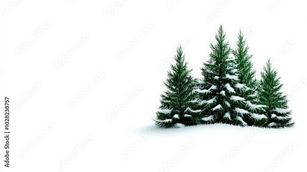 Fototapeta premium Snow-covered evergreen trees on a white isolated background.