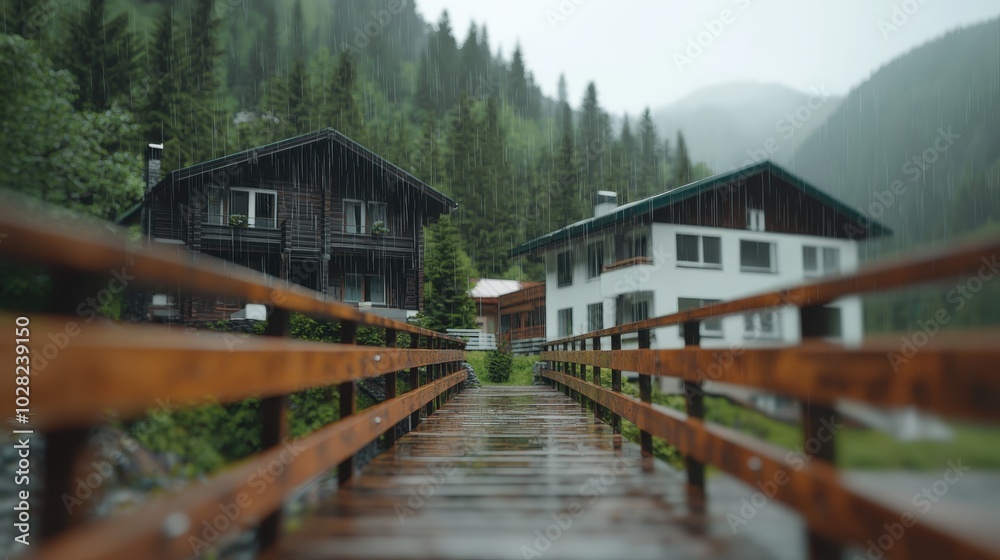Obraz premium Rainy Day Wooden Bridge Leading to Houses in Foggy Forest
