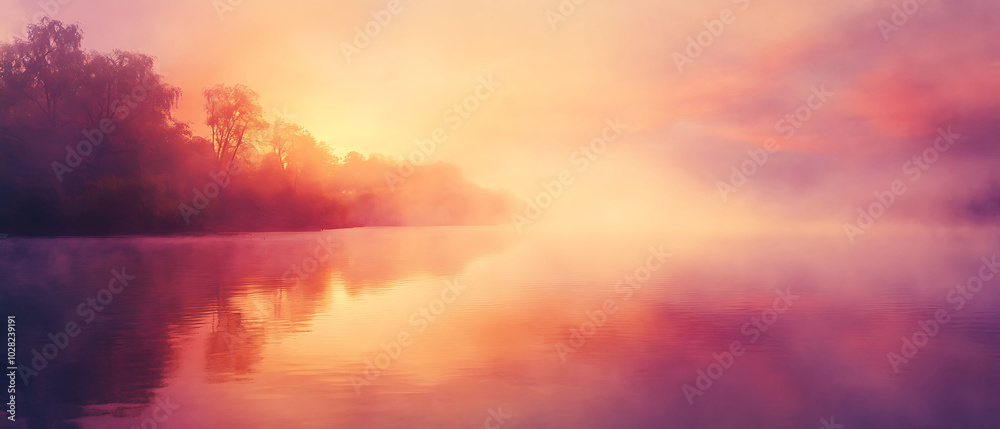 Silhouetted trees reflect in a misty lake at dawn, with a soft, colorful sky. Silhouetted trees reflect in a misty lake at dawn, with a soft, colorful sky.