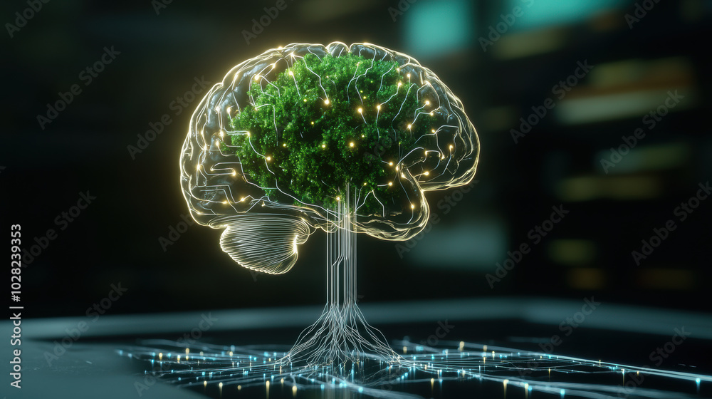 Obraz premium retro futuristic brain design with glowing wires and green tree symbolizes fusion of nature and technology. This imaginative concept evokes feelings of innovation and growth