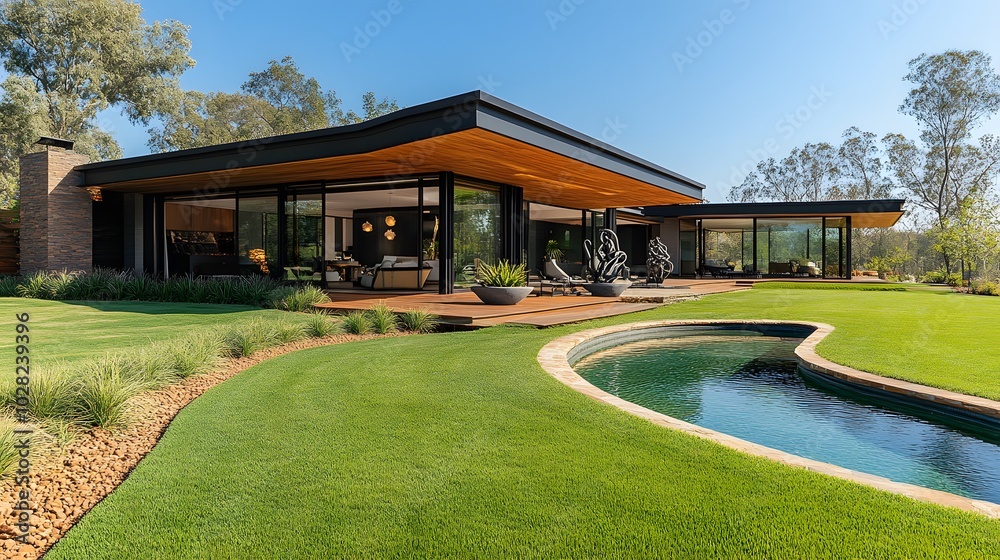 A beautifully designed garden with a modern house backdrop showcasing unique sculptures and pathways A beautifully designed garden with a modern house backdrop showcasing unique sculptures and pathways