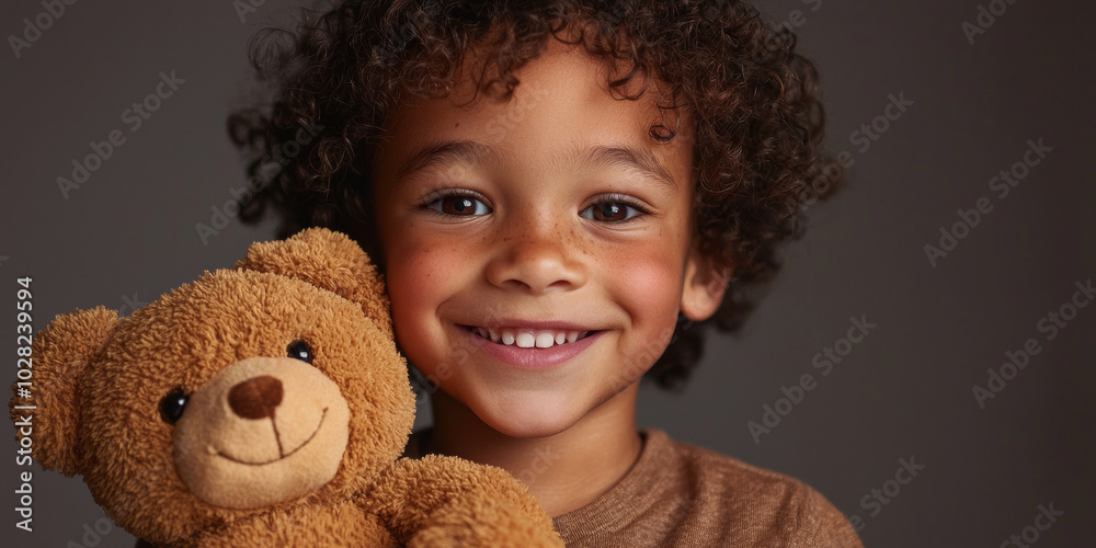 A boy with curly hair and brown eyes, smiling while holding a teddy bear, generative AI A boy with curly hair and brown eyes, smiling while holding a teddy bear, generative AI