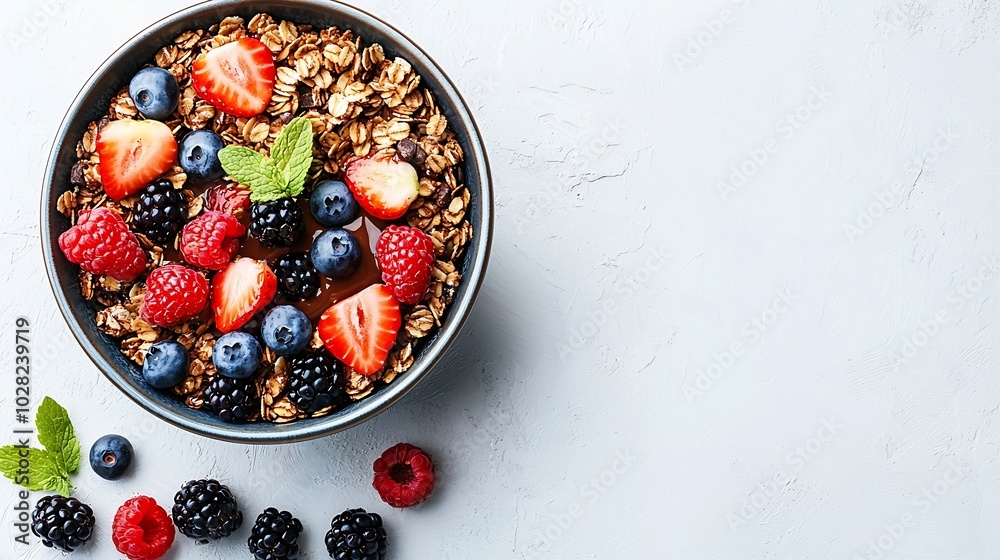 Healthy breakfast Fresh granola muesli in bowl with milk berries chocolate hazelnut spread on a white stone background Copy space : Generative AI Healthy breakfast Fresh granola muesli in bowl with milk berries chocolate hazelnut spread on a white stone background Copy space : Generative AI