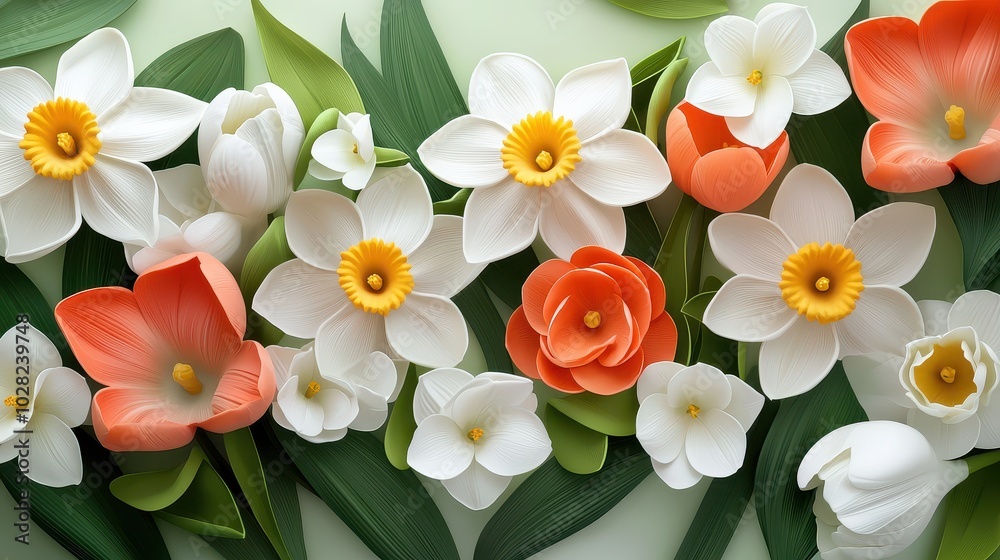 Naklejka premium A mix of tulips and daffodils in full spring bloom, with lush green leaves creating a cheerful, nature-inspired floral background.