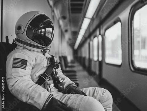Fototapeta Naklejka Na Ścianę i Meble -  Black-and-white photograph of an astronaut sitting in a subway train, capturing a surreal and introspective moment, blending the futuristic space suit with the mundane, urban environment of the train.