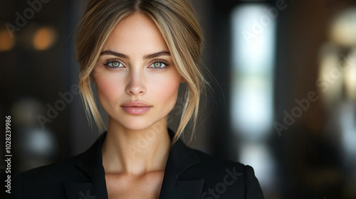 poised, gorgeous, and stylish woman sits confidently at her desk in a modern office. Her expression reflects professionalism and ambition, symbolizing empowerment and success in the workplace