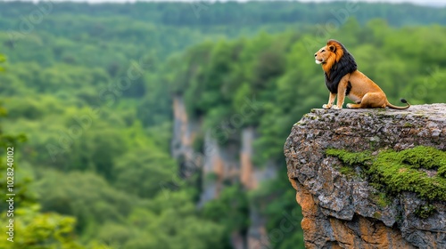 Majestic Lion on Clifftop Overlooking Lush Forest   Wildlife  Nature  King of the Jungle