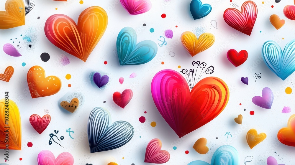 Fototapeta premium A playful love heart background with hand-drawn hearts and whimsical doodles in vibrant colors.