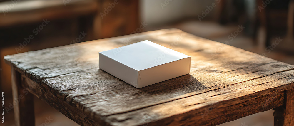 White box sitting on a wooden table with light from a window. White box sitting on a wooden table with light from a window.