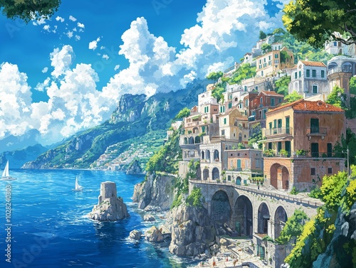 Amalfi coast perched on cliffs overlooking the sea, featuring colorful hillside buildings and greenery under a bright blue sky with scattered clouds, evoking a picturesque Mediterranean atmosphere