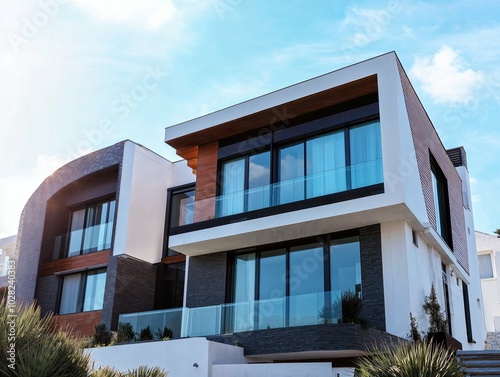 Contemporary multi-story building featuring large windows and a mix of white and wood paneling, standing against a clear blue sky, highlighting sleek, geometric architecture in an residential area.