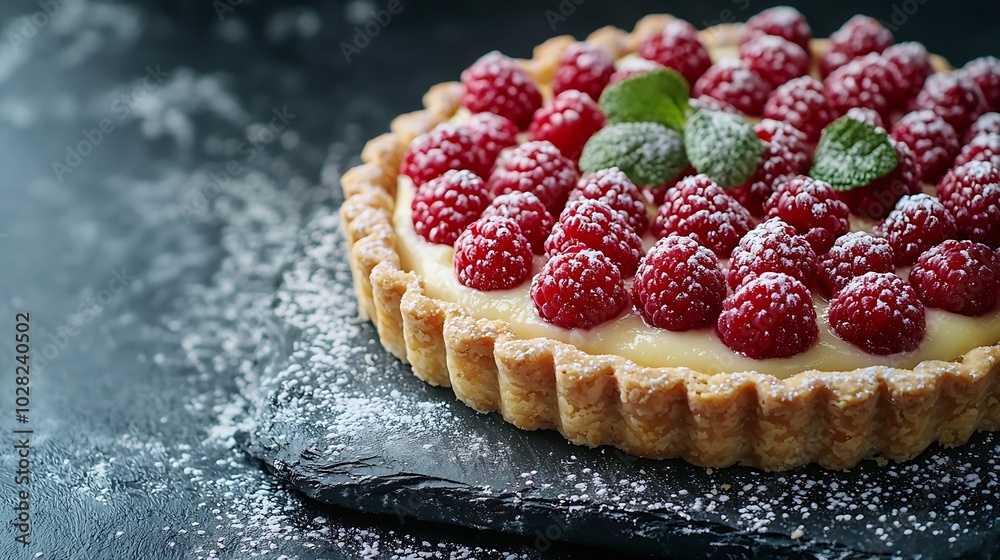Raspberry tart with vanilla custard and white chocolate on slate board Copy space : Generative AI