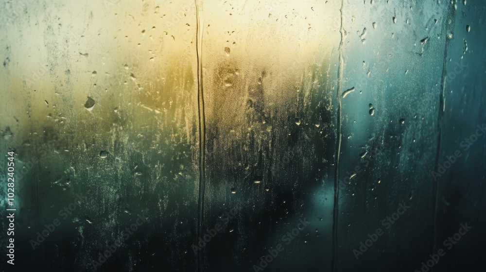 Obraz premium Water Droplets on a Windowpane with a Blurry Sunset View