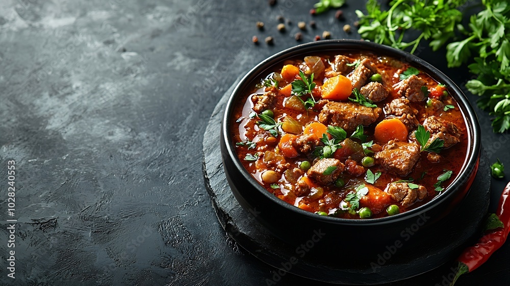 Beef meat and vegetables stew in black bowl Dark background Copy space Top view : Generative AI Beef meat and vegetables stew in black bowl Dark background Copy space Top view : Generative AI