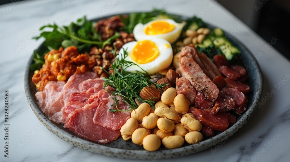 A high-protein food platter featuring lean meats, eggs, legumes, and nuts, perfect for muscle recovery and maintaining energy levels throughout the day A high-protein food platter featuring lean meats, eggs, legumes, and nuts, perfect for muscle recovery and maintaining energy levels throughout the day