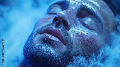 Close Up of Man s Face Emerging from Smoke  Dramatic Blue Light   High Quality photo