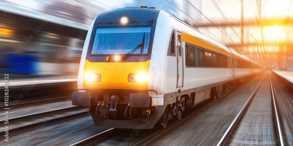 Naklejka premium High Speed Train Traveling on Tracks with Motion Blur and Sunset