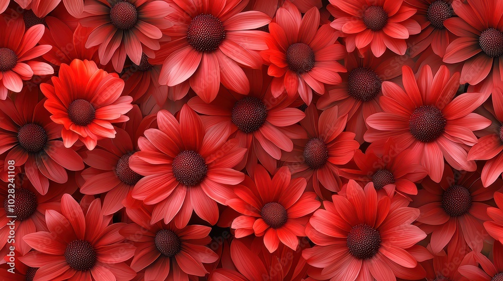 A seamless pattern of red daisies, with deep red petals arranged against soft, muted greens for a striking yet harmonious floral background. A seamless pattern of red daisies, with deep red petals arranged against soft, muted greens for a striking yet harmonious floral background.
