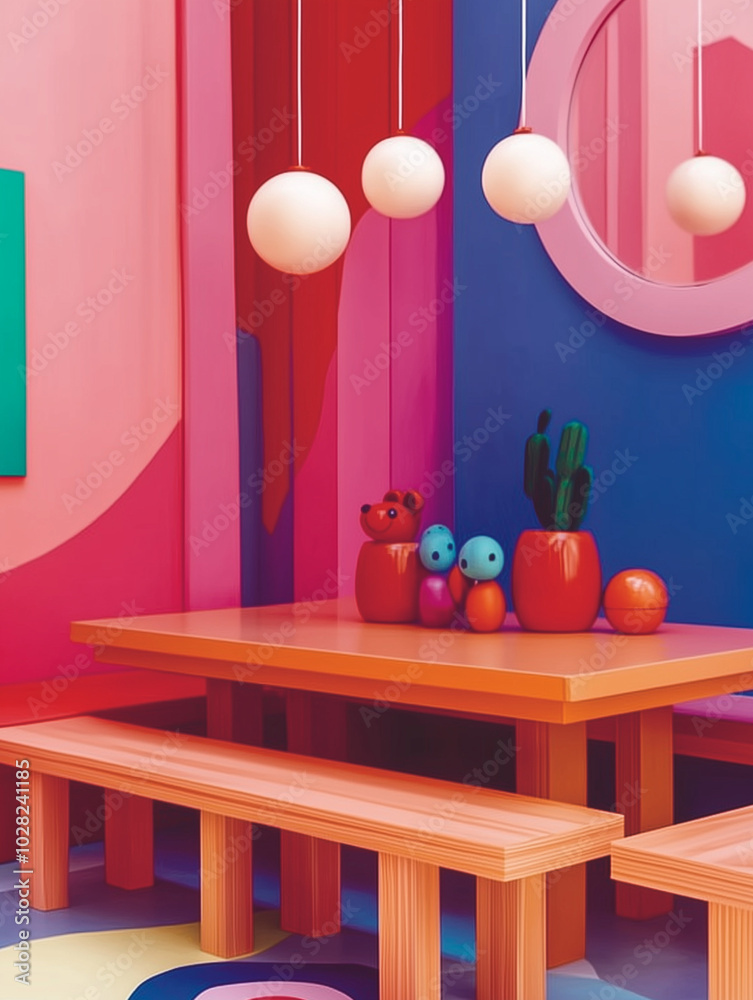pop art decoration, magazine style photo-like, 8k high resolution, cozy house, chill lifestyle, neat, blue wall, pink wall, atmosphere, close-up shot, minimalist and background.