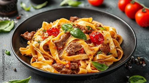 Pasta fettuccine with beef ragout sauce in black bowl Grey background Close up : Generative AI